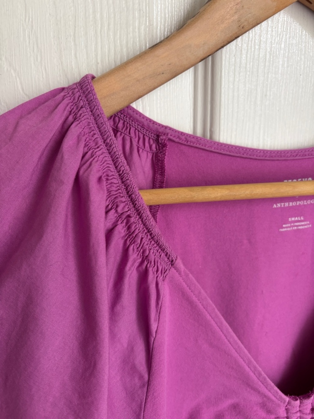 Anthropologie Maeve Magenta Ruched Drawstring V-Neck Crop Top Flutter Sleeve Sm - Picture 7 of 10